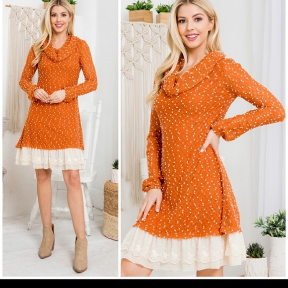 from Butterfly designs boutique Dresses & Skirts - Rust Ivory Cowl Neck Dot tTextured, Ruffle Lace Bottom Long Sleeve Dress